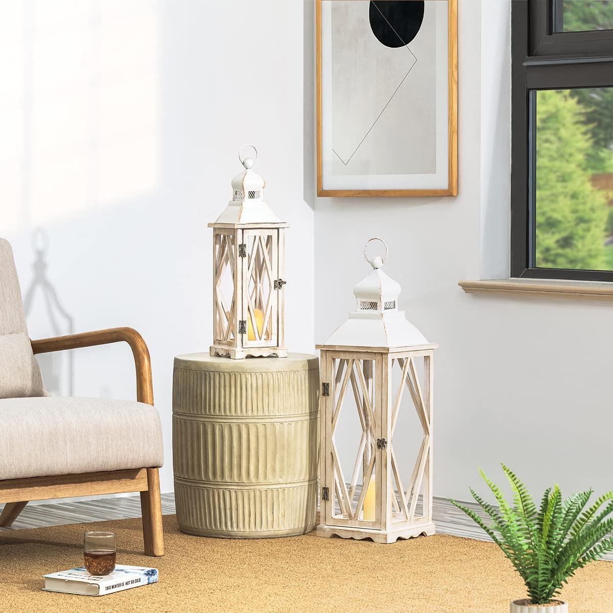 Farmhouse Wood Metal Lanterns Decorative Hanging Candle Lanterns White Set of 2 (No Glass)