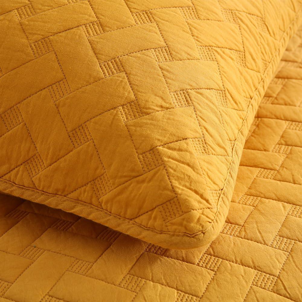 Cotton Quilt Bedding Sets Queen Size, 3 Pieces Reversible Lightweight Coverlets Comforters Bedspreads for All Seasons,Weave Stitching Pattern,Yellow