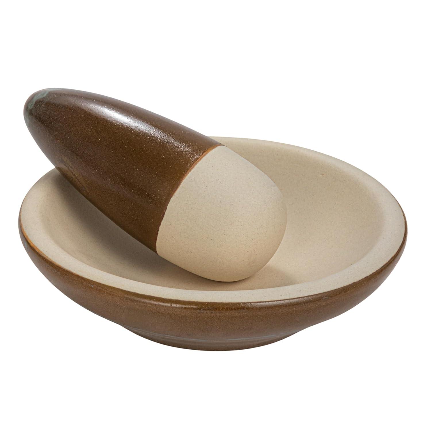 Small Brown and Cream Ceramic Mortar and Pestle