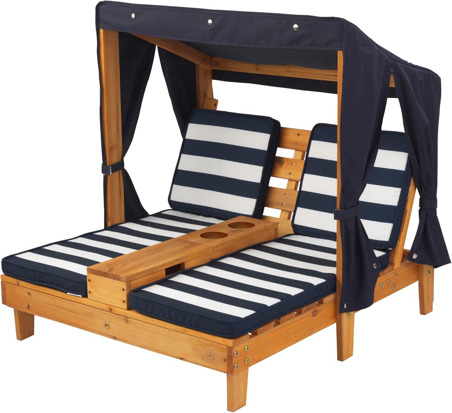 Honey & Navy Solid Wood Double Chaise Lounge for Kids with Cup Holders