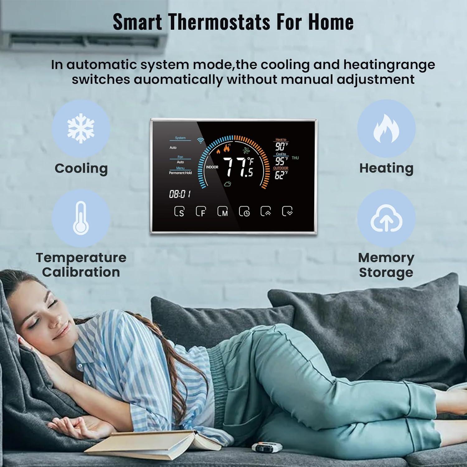 Smart Thermostat for Home WiFi, Programmable Thermostat for Connecting Heat Pumps, Cooling Heating & Auto Mode, Includes C-Wire Adapter, LCD Screen, Voice Control/Weather/Energy saving, App Thermostat