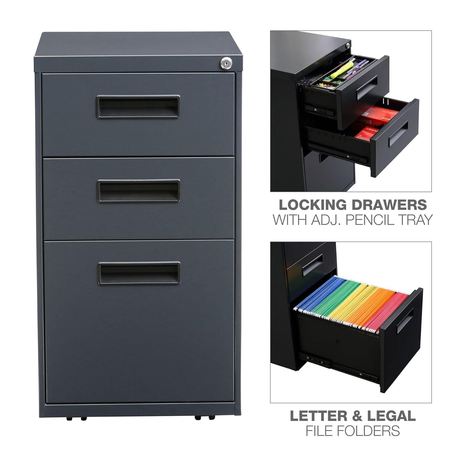 Alera 3-Drawer Lockable Steel Pedestal File Cabinet, Charcoal