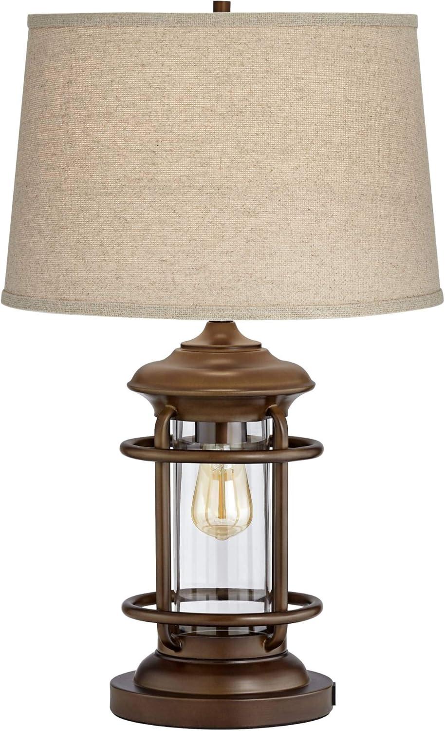 Franklin Iron Works Andreas Industrial Table Lamp 26" High Brown Metal with Nightlight LED and USB Charging Port Oatmeal Shade for Living Room Desk