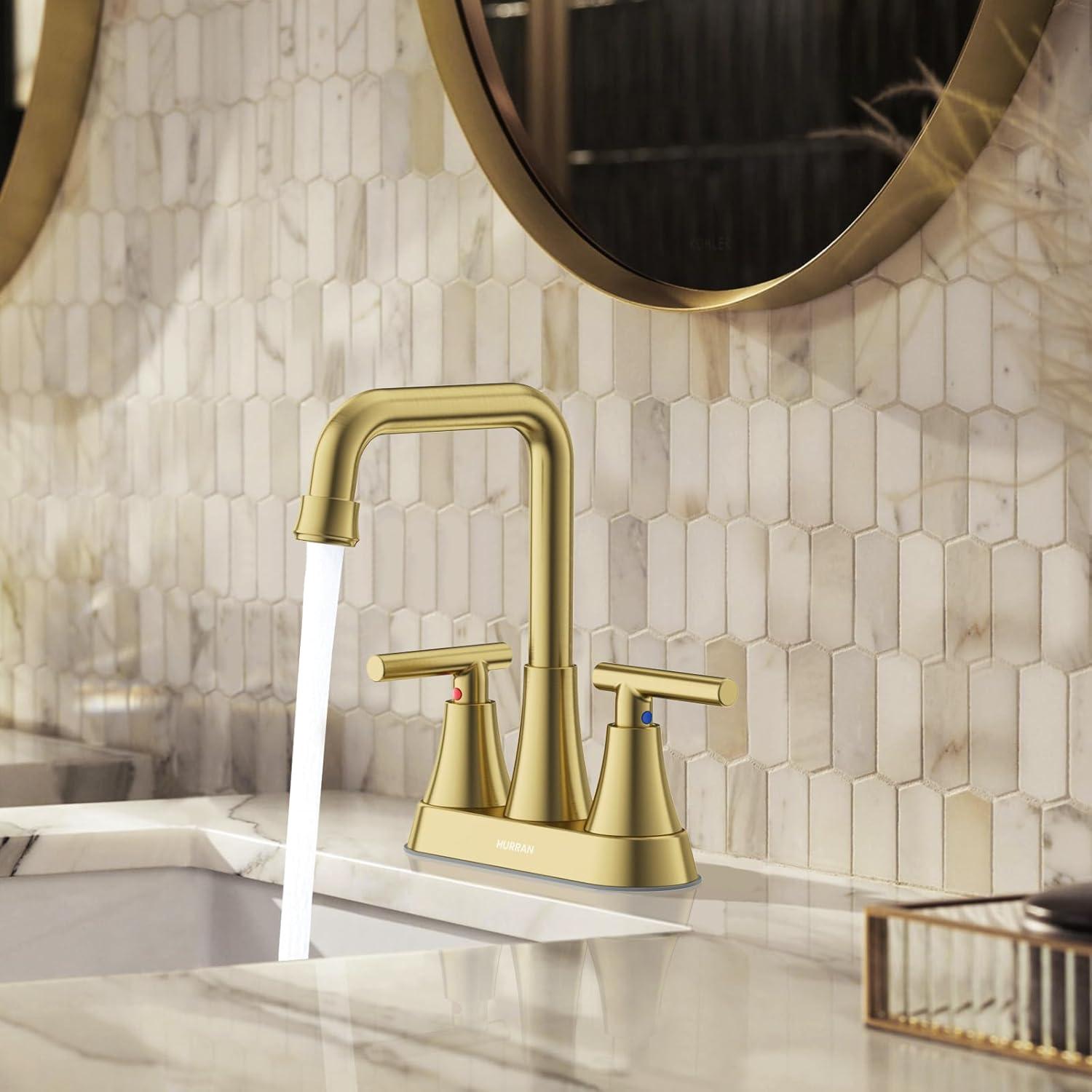 Bathroom Sink Faucet, Hurran 4 inch Brushed Gold Bathroom Faucets for Sink 3 Hole with Pop-up Drain and Supply Hoses, 360 Swivel Spout 2-Handle Centerset Faucet for Vanity RV Farmhouse