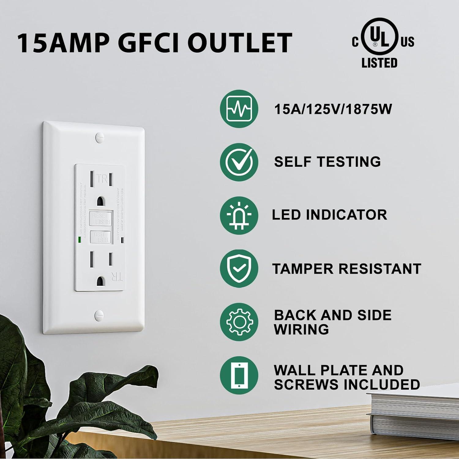 White 15 Amp Tamper Resistant GFCI Outlets with Wall Plates