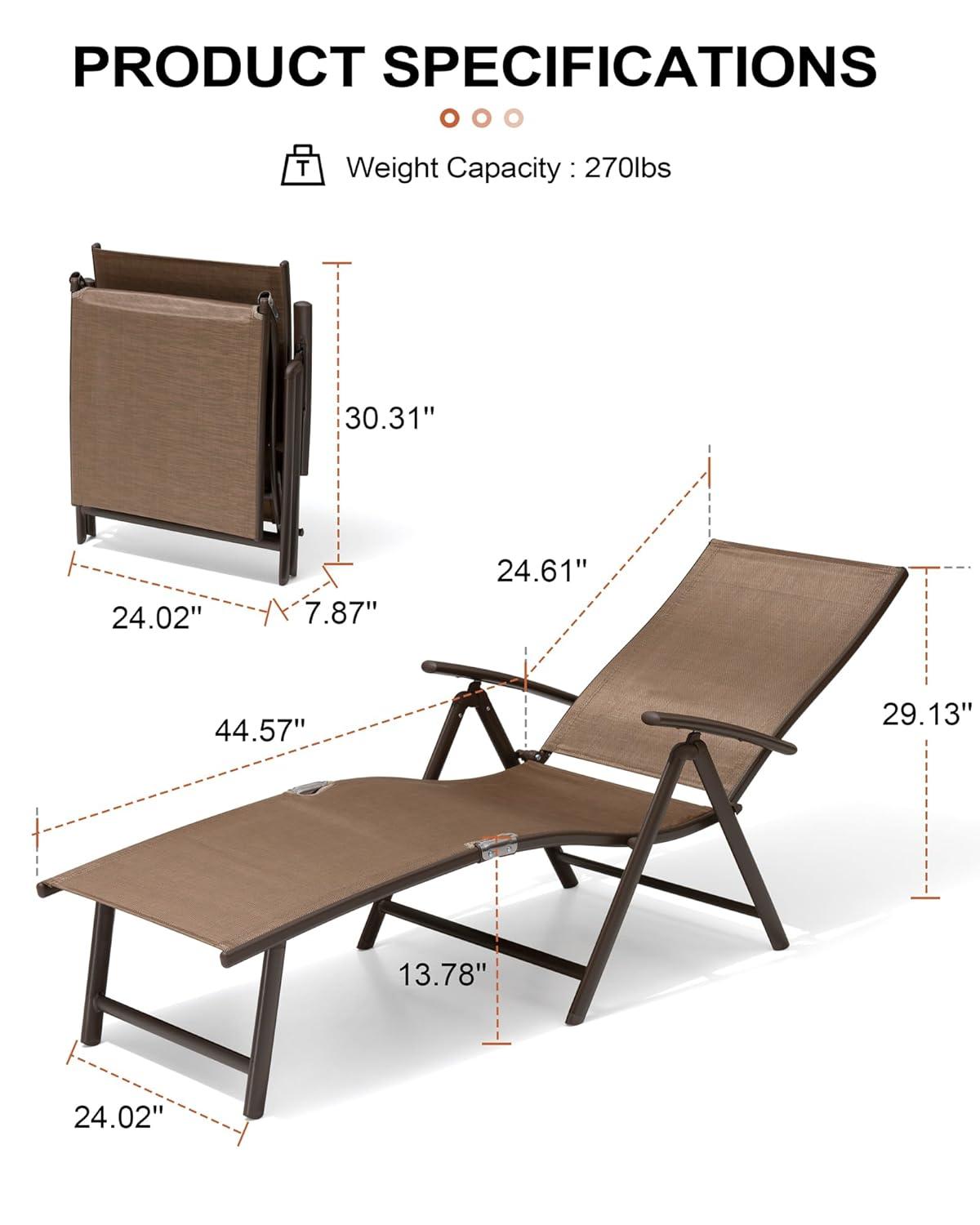 Crestlive Products  Outdoor Aluminum Folding Recliner Adjustable Chaise Lounge (Set of 2) - See Picture Brown Fabric, Brown Farme