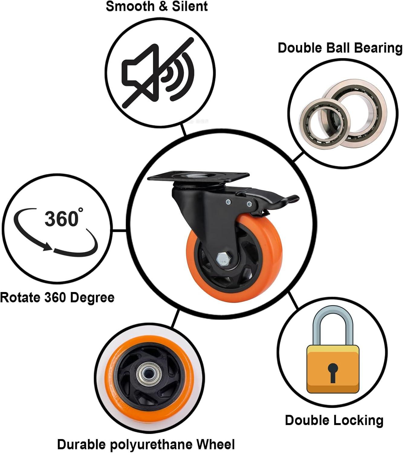 ASHGOOB Caster Wheels, 4 Inch Casters Set of 4 Heavy Duty - Orange Polyurethane Castors, Top Plate Swivel Wheels, 4-Pack Industrial Casters with Brake, Locking Casters for Furniture and Workbench