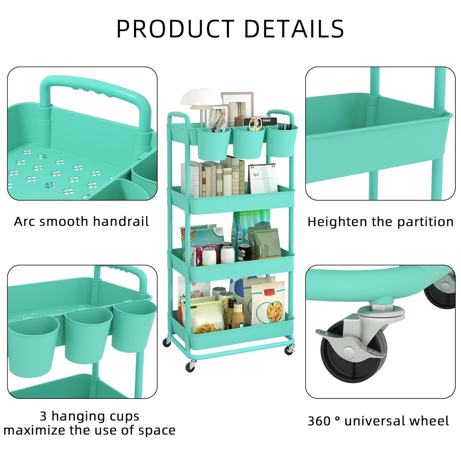 JIUYOTREE 4-Tier Plastic Rolling Storage Cart Utility Cart with Extra Hanging Cups Handles Lockable Wheels for Living Room Bathroom Kitchen Office Green