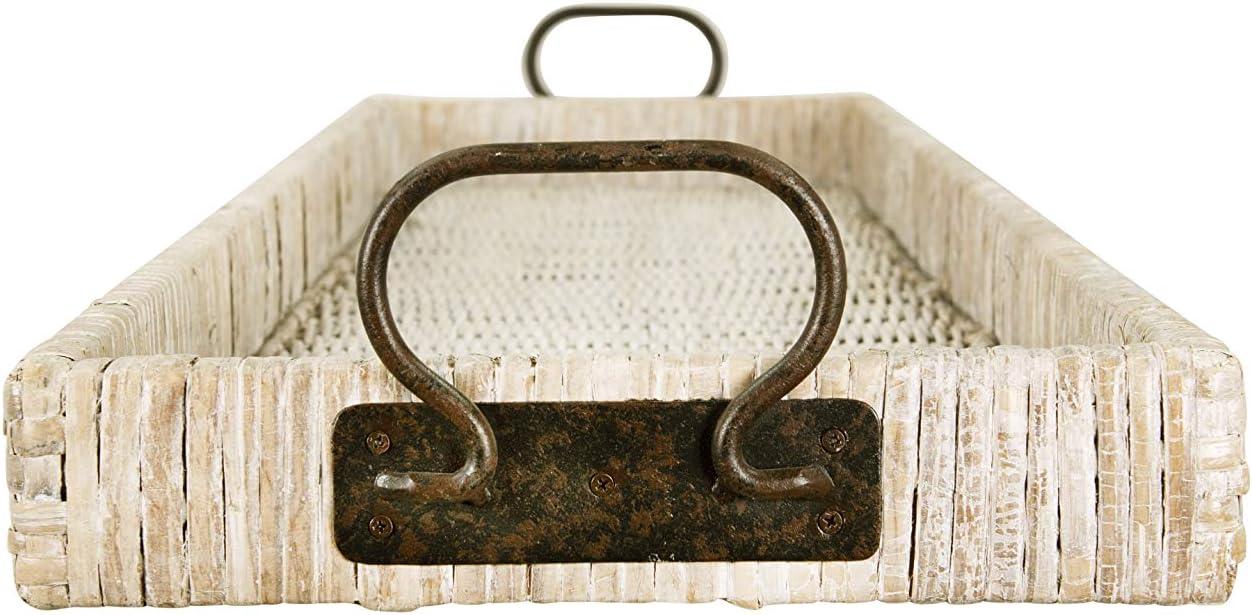 Whitewashed Tan Rattan Oversized Tray with Metal Accents