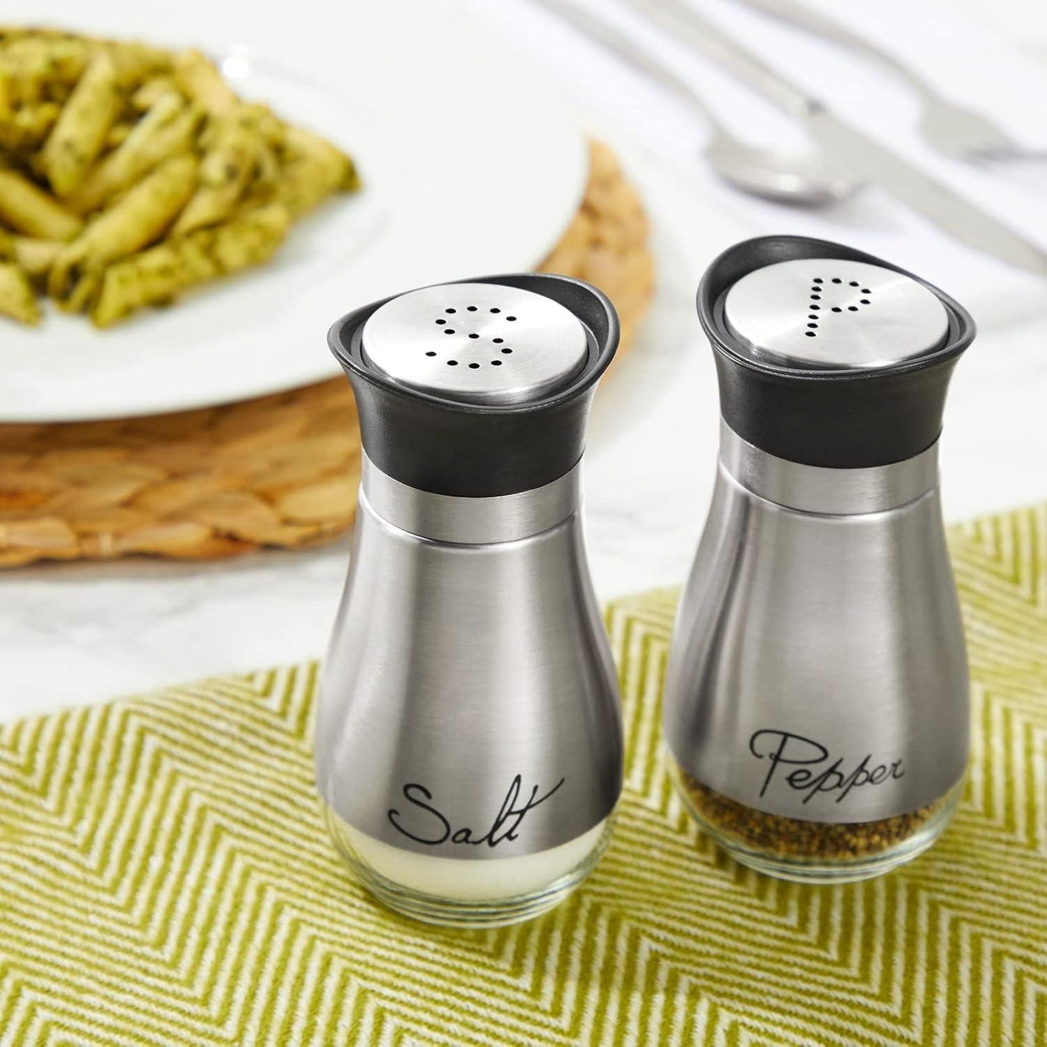 Juvale Stainless Steel Salt and Pepper Shakers Set with Glass Bottom, Perforated "S" and "P" Caps - Modern Kitchen Decor (4oz)