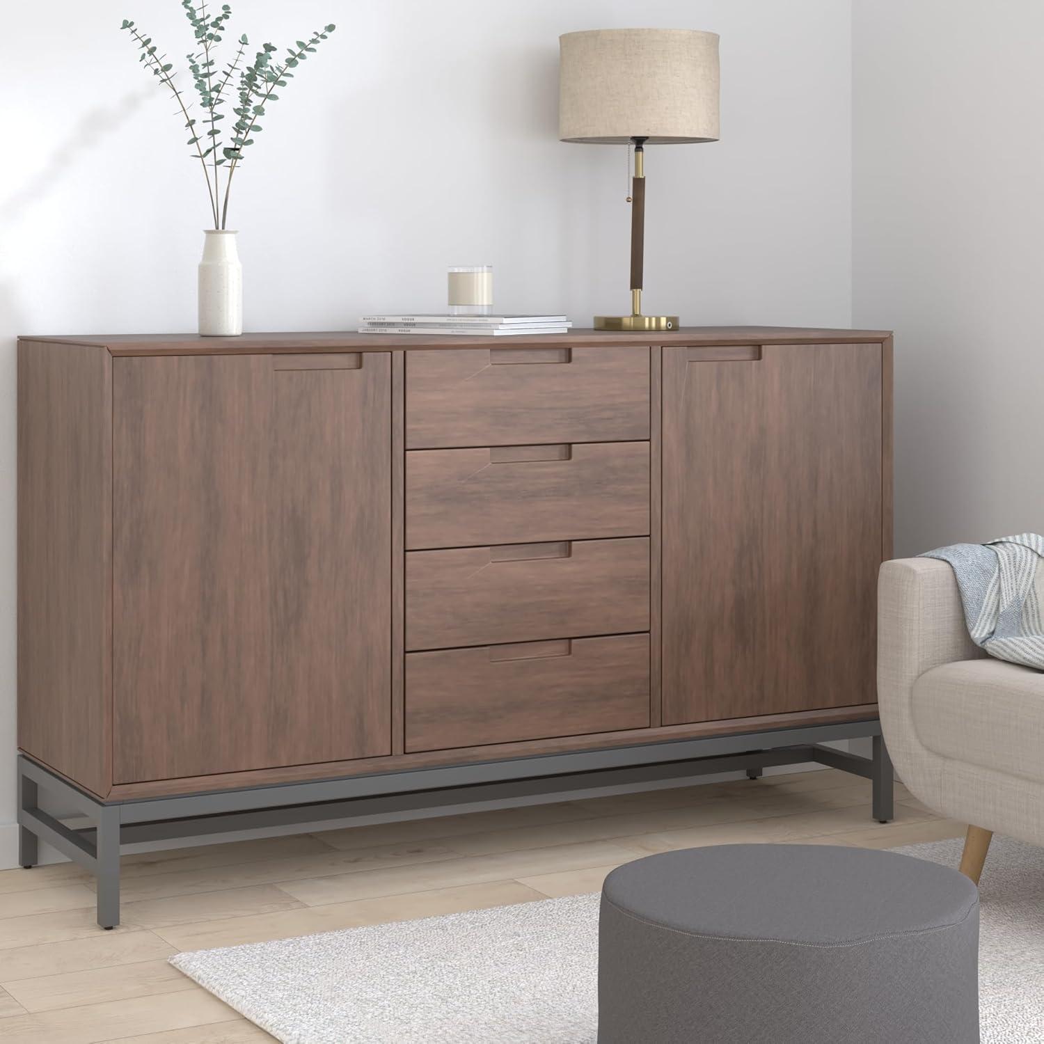 Simpli Home Banting 60"W Solid Wood Industrial 2-Door Sideboard Buffet with 4 Center Drawers