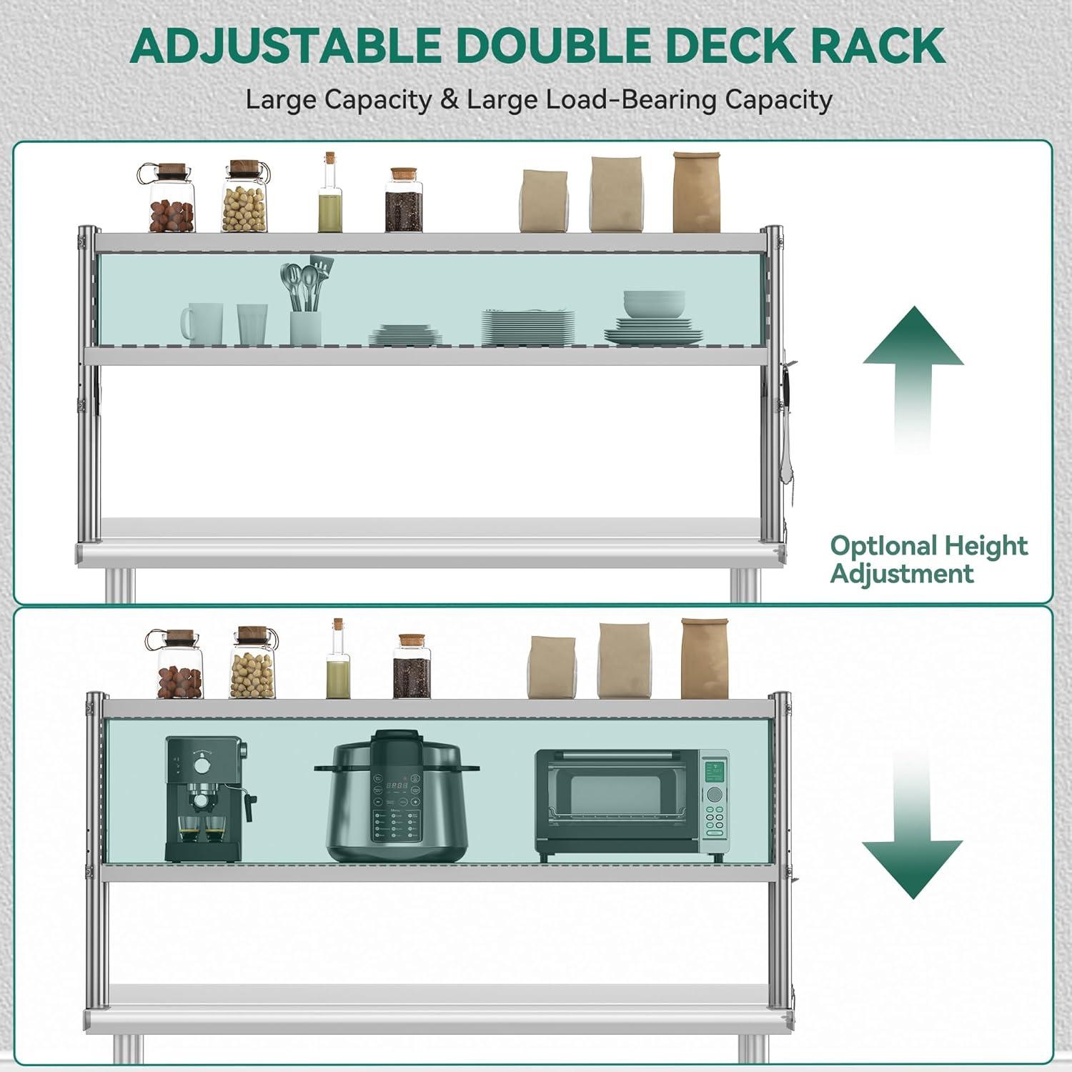 STRELECT 12"x48" Stainless Steel Overshelf for Prep & Work Table, NSF Commercial Adjustable Double Deck Overshelf 2 Tier for Restaurant, Bar, Utility Room, Kitchen and Garage