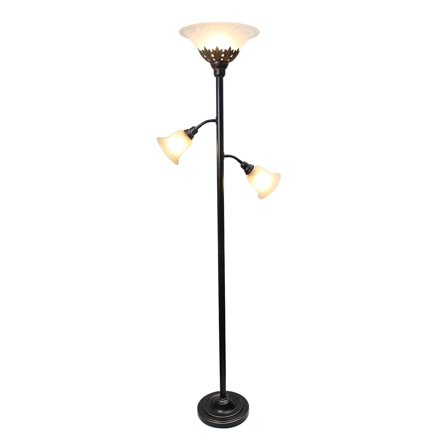 Torchiere Floor Lamp with 2 Reading Lights and Scalloped Glass Shades Bronze/White - Lalia Home: Adjustable, UL Listed, Metal Body