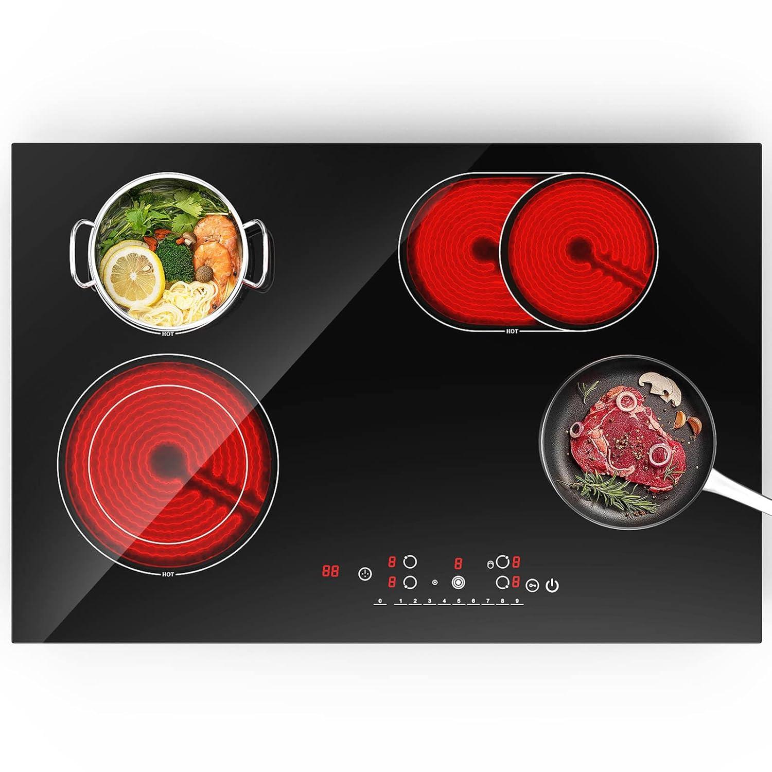IsEasy 4 Burner Electric Cooktop 30 Inch Built-In Ceramic Cooktop Top, Electric Radiant Cooktop with Pause Function, Electric Stove Top, 220-240V 7200W, 9 Power Levels, Flexible Heating Zones