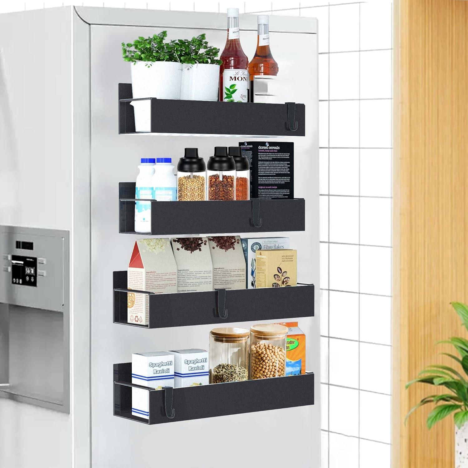 Textiles Hub 4 Pack Magnetic Spice Rack For Refrigerator, Moveable Magnetic Spice Organizer, Black Metal Strong Magnetic Shelf For Fridge And Microwave Oven, Space Saving For Kitchen
