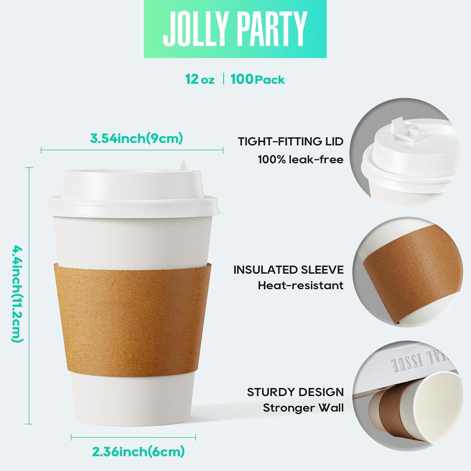 FAST APPLIANCES LLC Paper Cups,Cups,Disposable Cups 100 Pack 12 Oz Leak-Proof Coffee Cups With Lids And Sleeves Disposable Paper To Go Hot Coffee Cups For Home, Business, Office, Cafes And Parties
