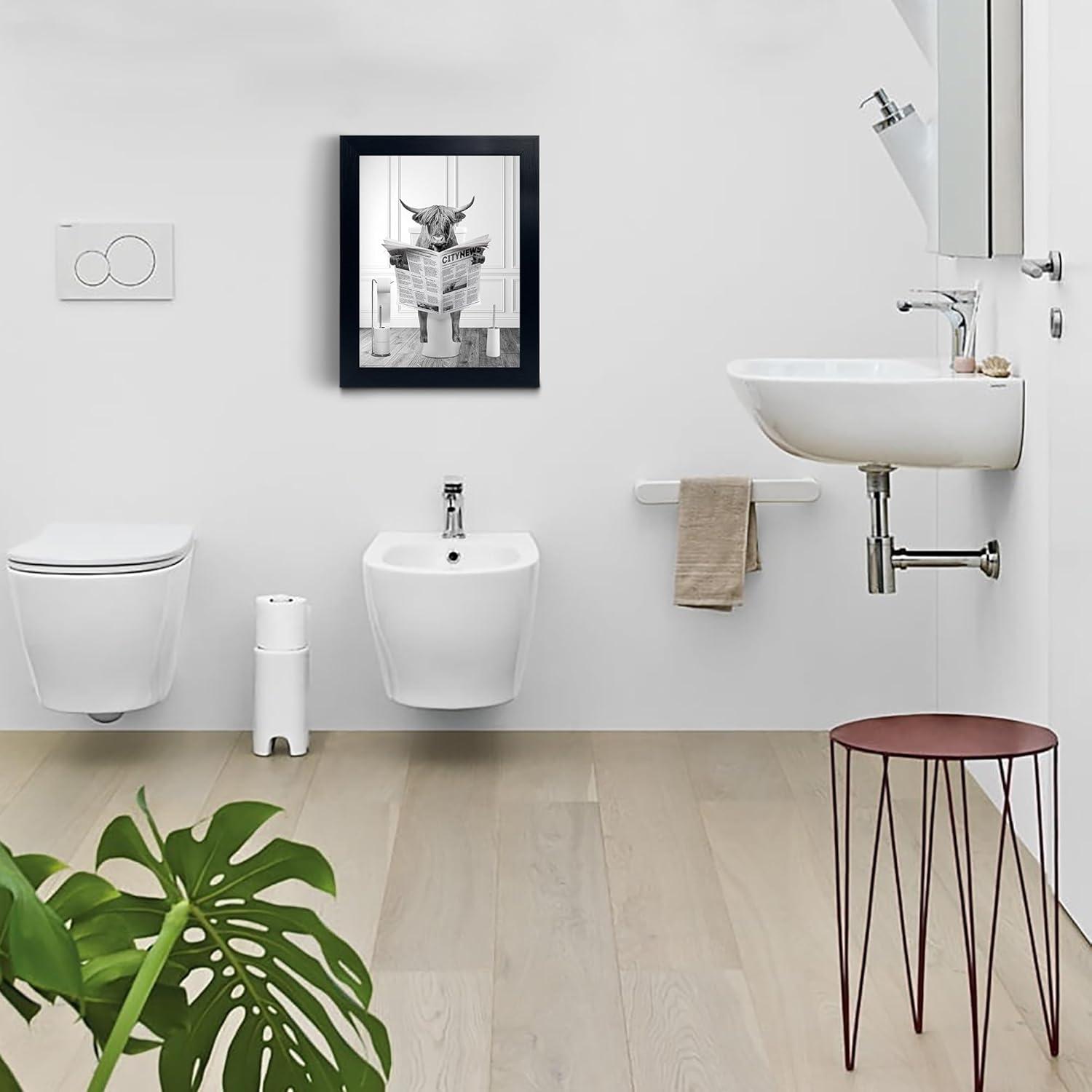 Modern Black Framed Highland Cow Wall Art Minimalist Bathroom Wall Decor Cute Funny Animals Artwork Canvas Prints Ready to Hang for Guest Bathroom, Hotel, Condo, Kids Bathroom, 12”x16”