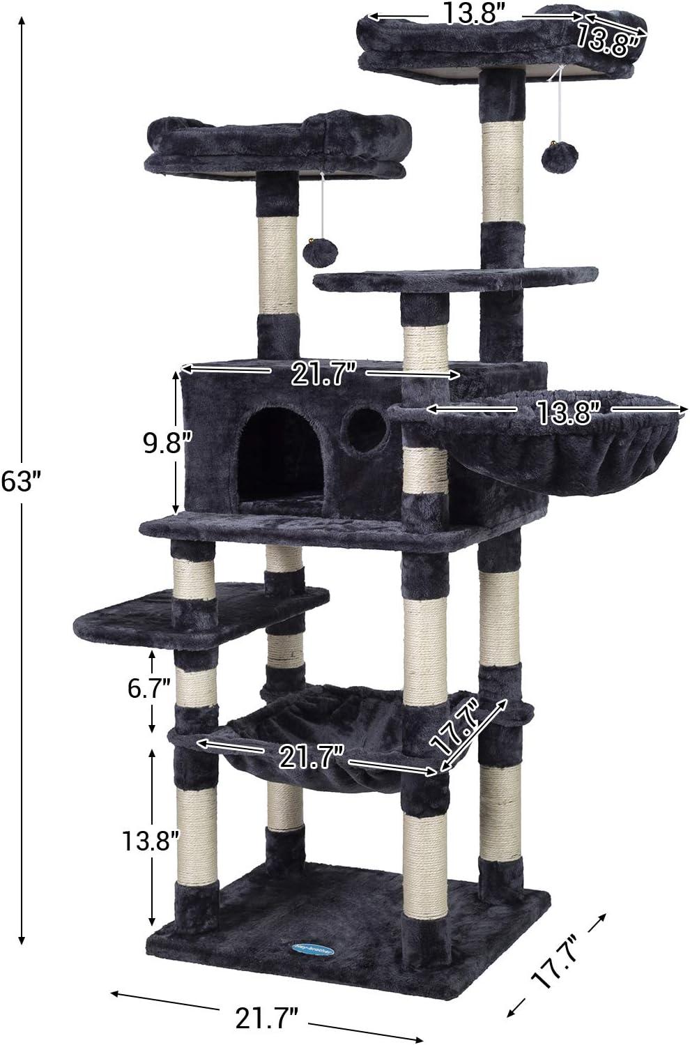 Hey-brother Cat Tree for Large Cats, Cat Tower with Scratching Posts, 2 Padded Plush Perches, Big Condo and Cozy Basket, Smoky Gray MPJ025G