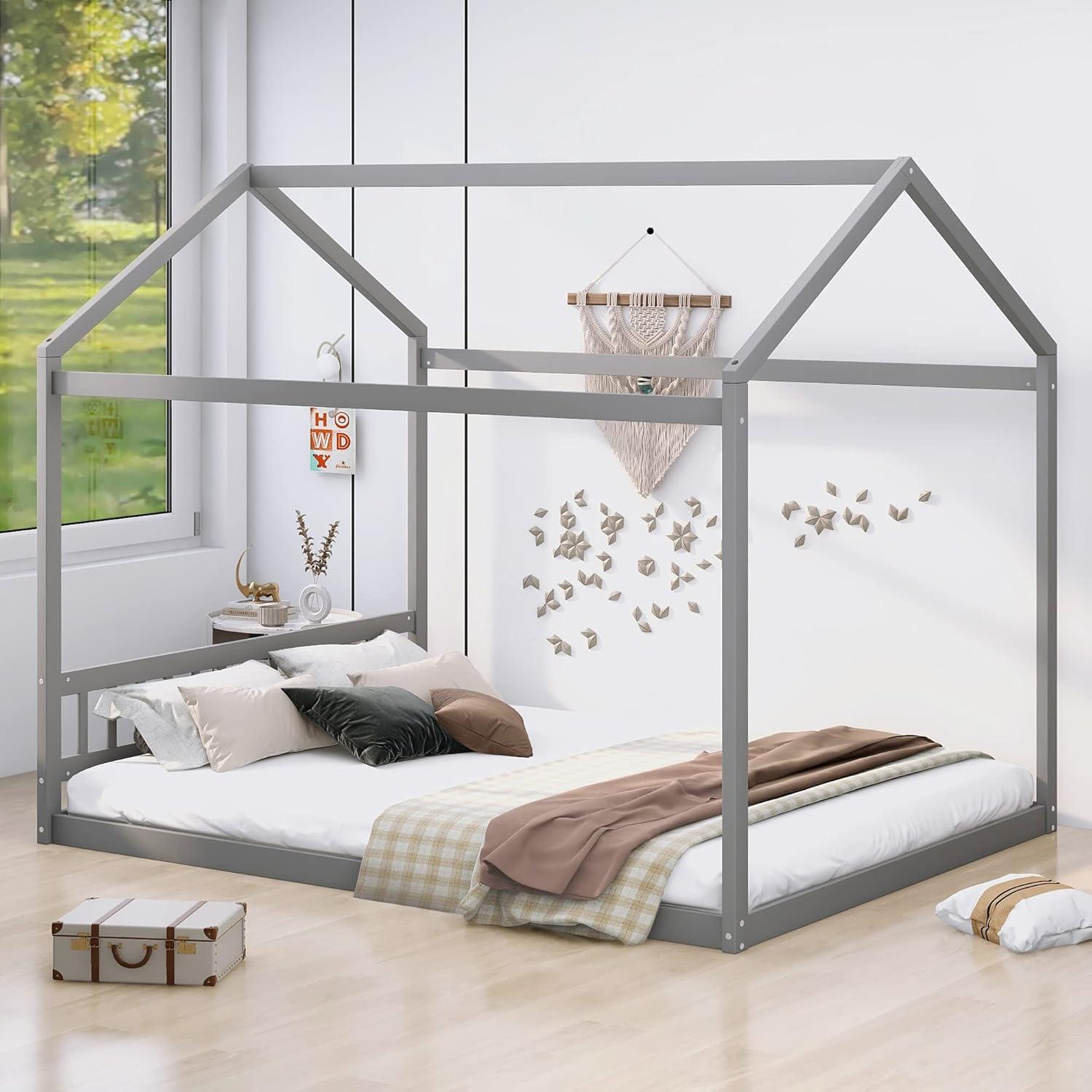 Queen House Bed with Roof Wood Montessori Floor Beds for Kids Wood House Floor Bed Frame for Girls Boys Teens Adults, No Spring Box Needed, Gray