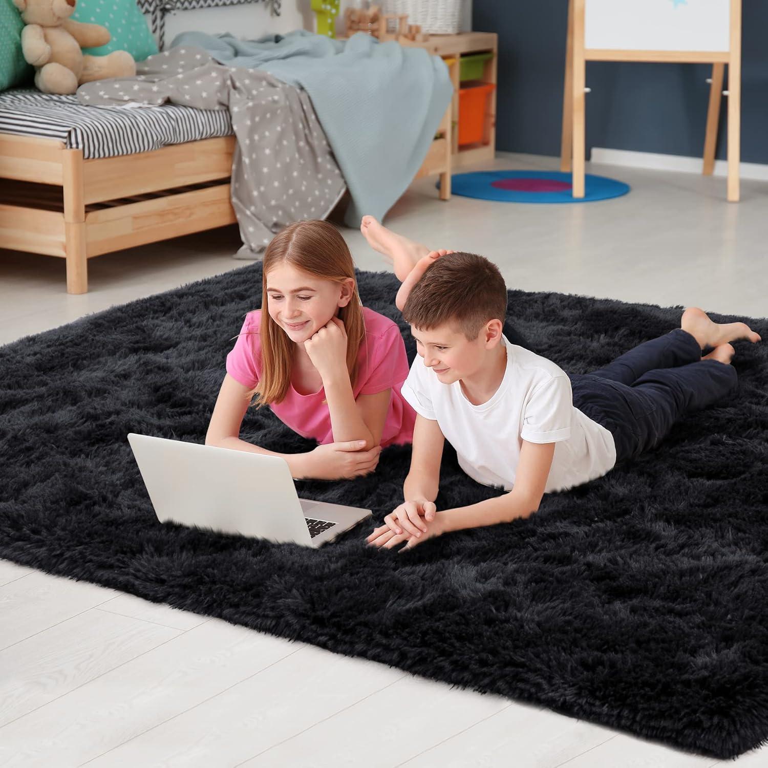 Bailu Fluffy Black Rug for Living Room,5x8 Area Rugs,Thick Plush Shag Rug,Shaggy Rugs for Bedroom,Big Fuzzy Carpet,Comfy Kids Rugs,Large Living Room Rugs,Living Room Decor