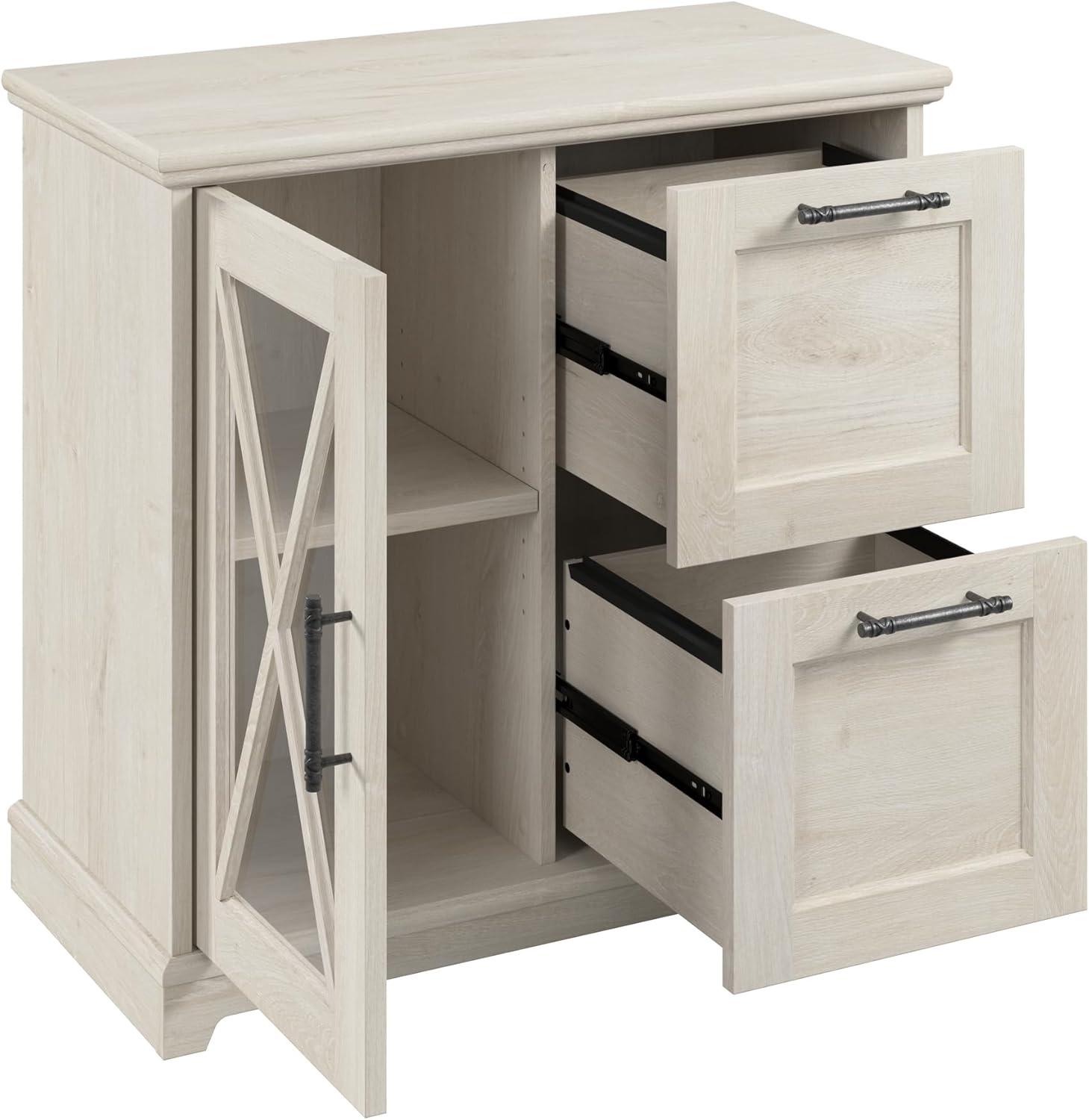 Bush Furniture Lennox Farmhouse 2 Drawer Lateral File Cabinet with Shelves in Linen White Oak