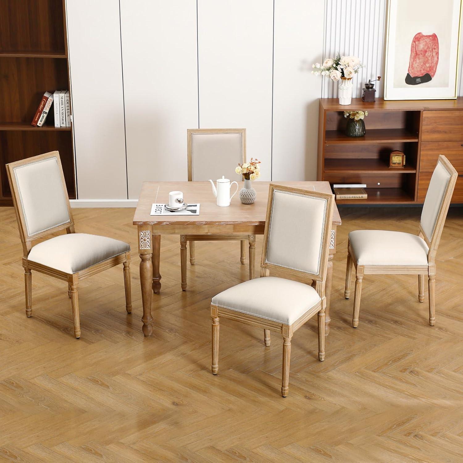 Beige Upholstered Rubberwood Dining Side Chairs, Set of 4