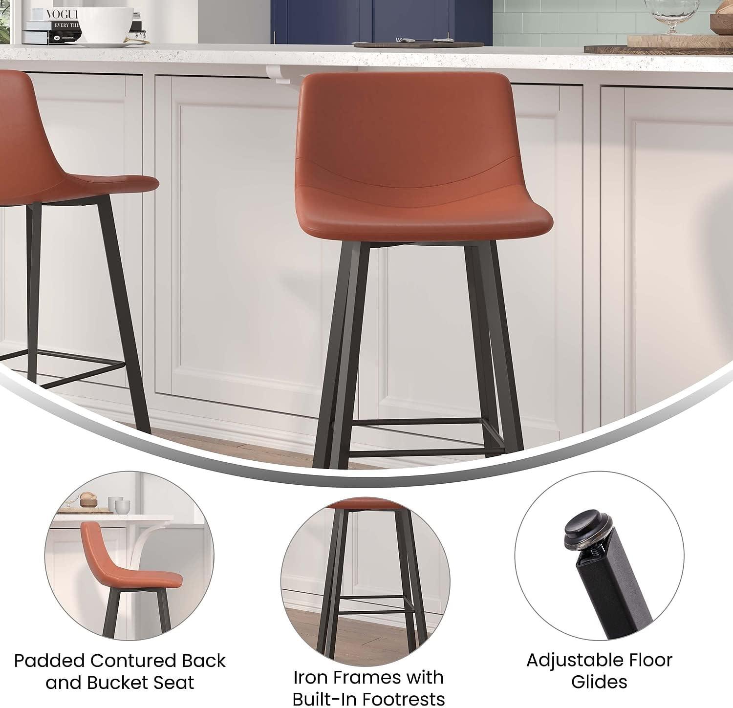 Flash Furniture Set of 2 Commercial Indoor Armless Iron Barstools - Cognac LeatherSoft