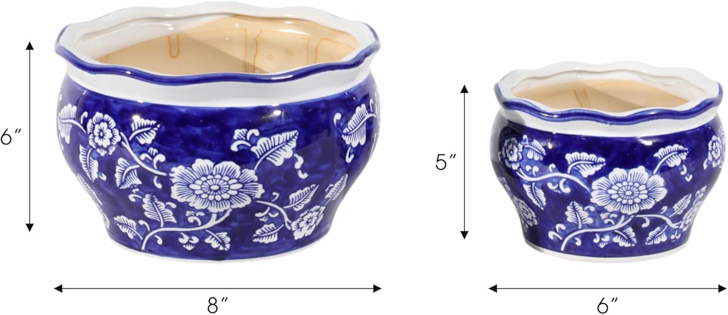 Sagebrook Home 2pc Chinoisere Ceramic Indoor Outdoor Planter Pots Blue/White: Hand-Painted, Rust-Resistant, No Assembly Required