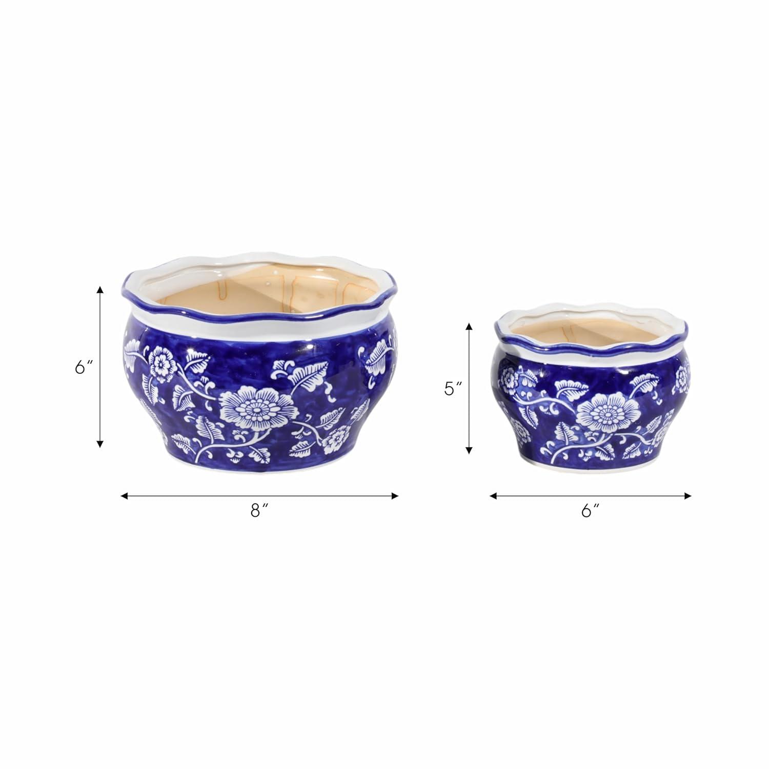 Sagebrook Home 2pc Chinoisere Ceramic Indoor Outdoor Planter Pots Blue/White: Hand-Painted, Rust-Resistant, No Assembly Required