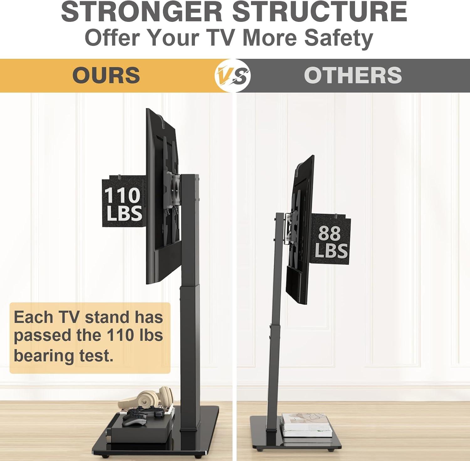 TAVR Universal Floor TV Stand Base for 32-75 Inch TVs up to 110 Lbs with Swivel Height Adjustable Mount, Black Tempered Glass Base for Media Storage and Space Saving