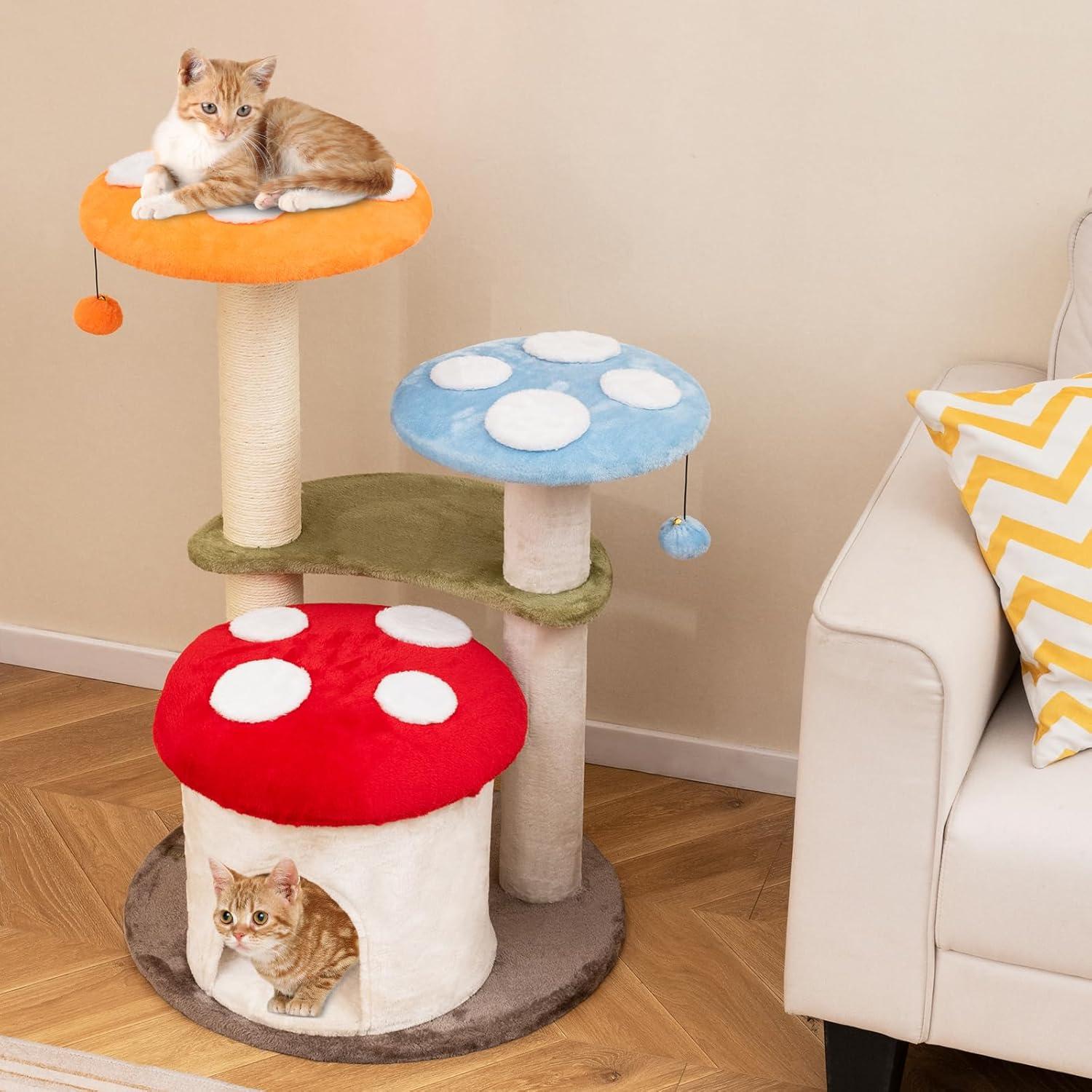 Tangkula Cute Mushroom Cat Tree 35" Tall Cat Tower w/ Sisal Scratching Posts Cat Condo