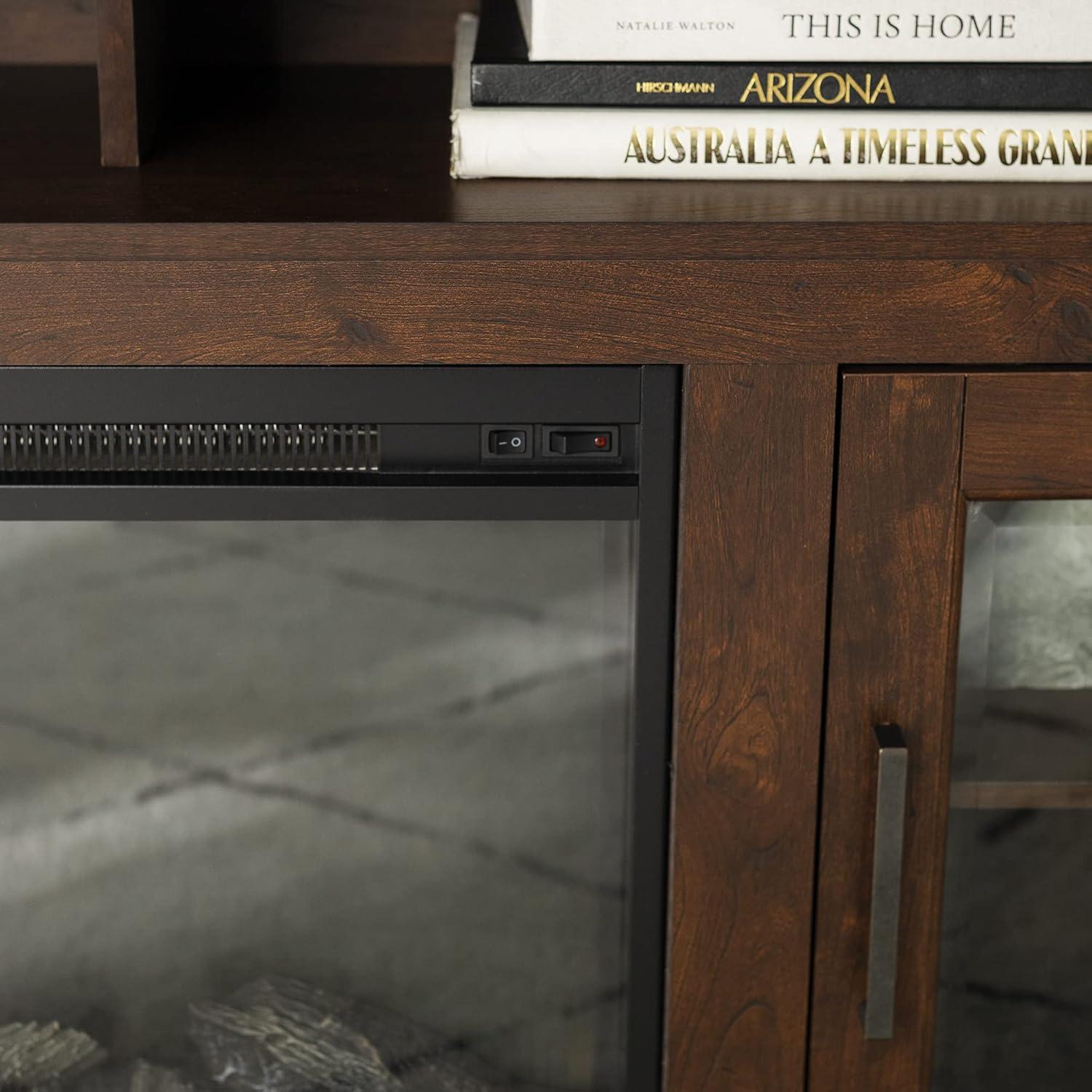 Walker Edison Glenwood Rustic Farmhouse Glass Door Highboy Fireplace TV Stand for TVs up to 65 Inches, 58 Inch, Brown