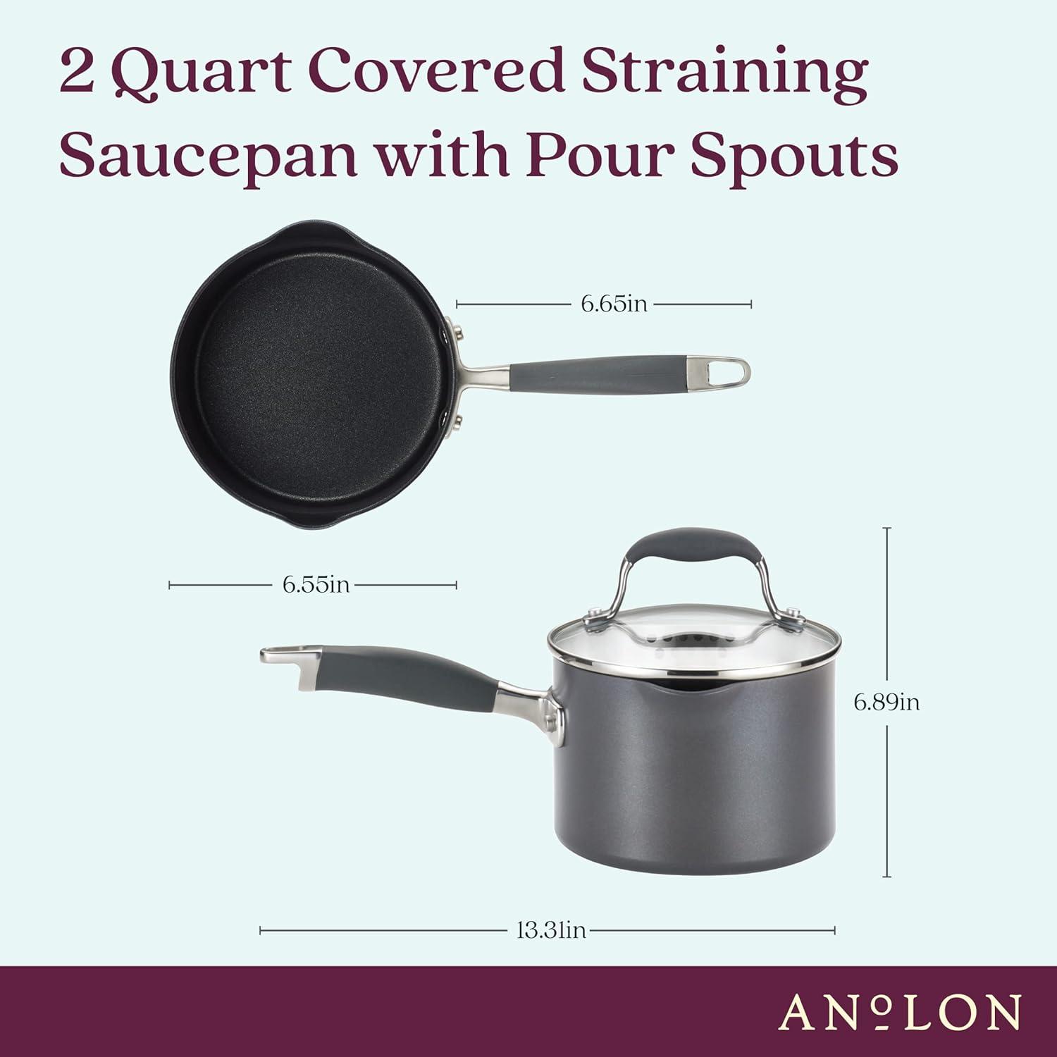 Anolon Advanced Home 2qt Covered Straining Saucepan Moonstone: Nonstick, Hard Anodized, Medium Sized, Gas & Electric Safe