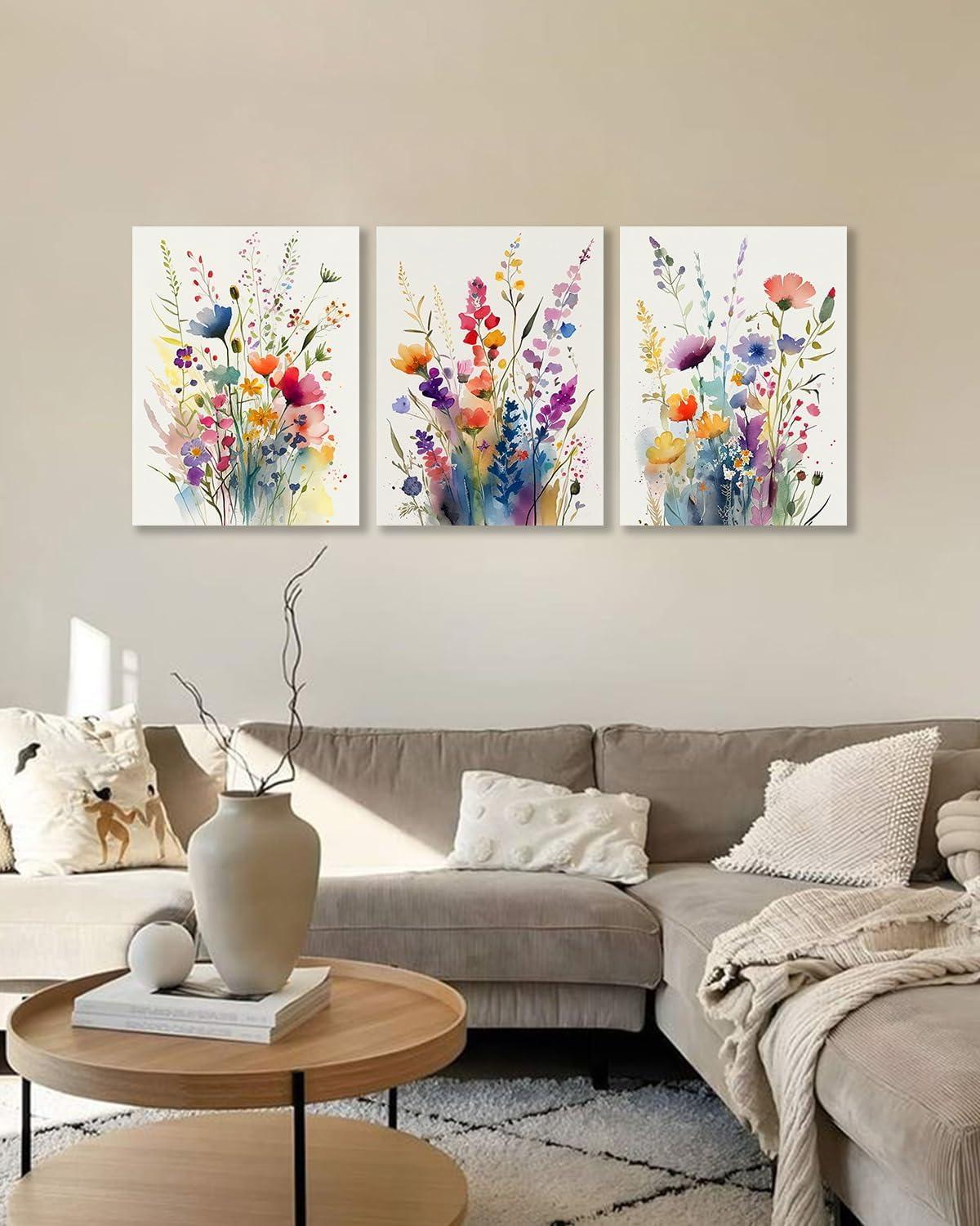 JRXY 3 Pcs Framed Watercolor Floral Botanical Canvas Wall Art Colorful Wildflower Plant Paintings Prints Posters 12x16 in