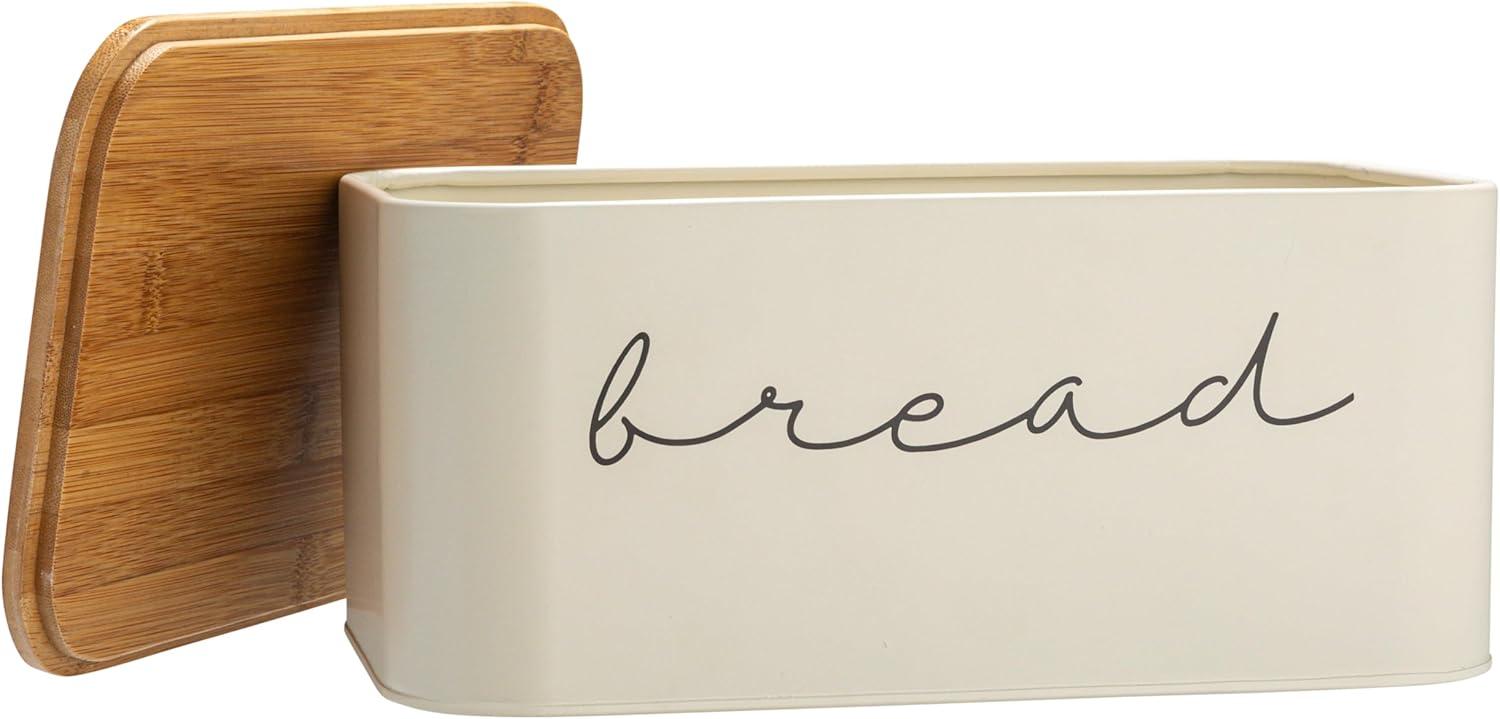 Storied Home Metal "bread" Bin with Bamboo Lid, Cream
