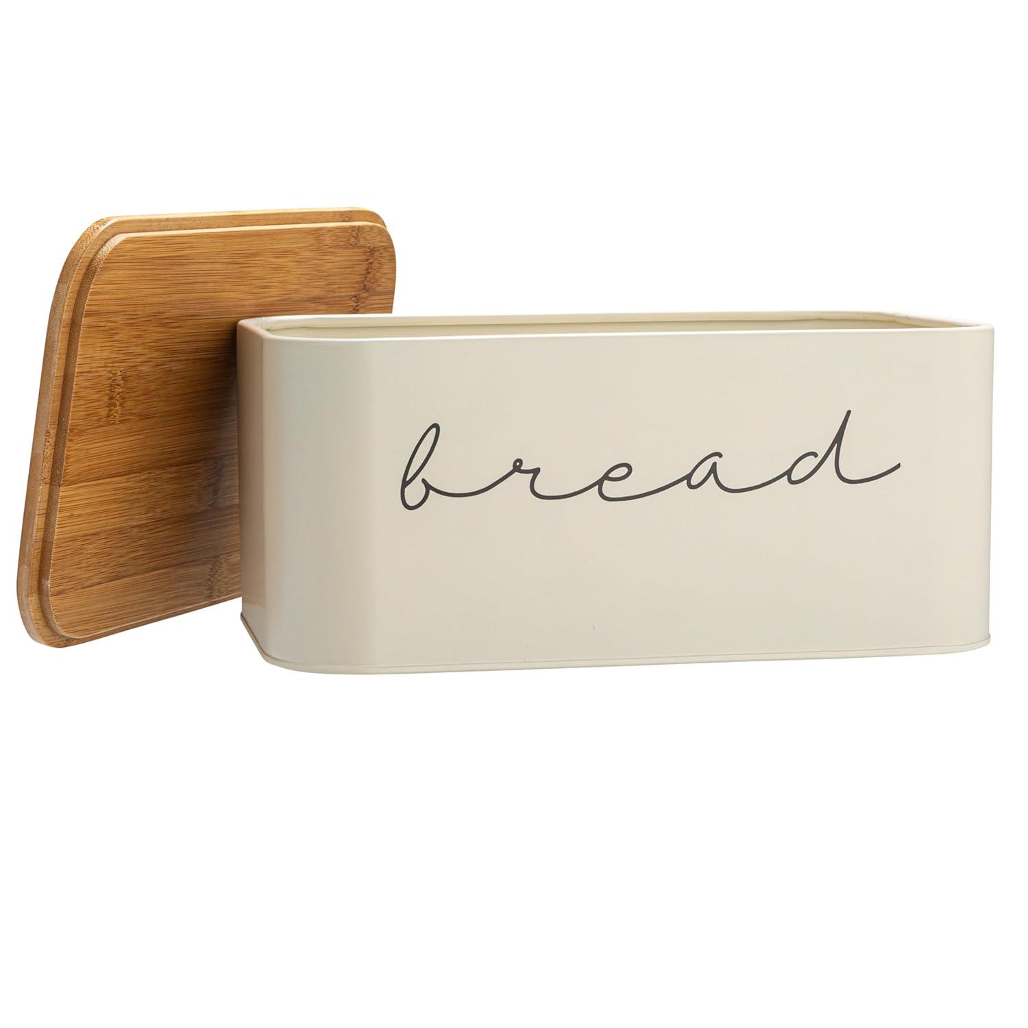 Storied Home Metal "bread" Bin with Bamboo Lid, Cream