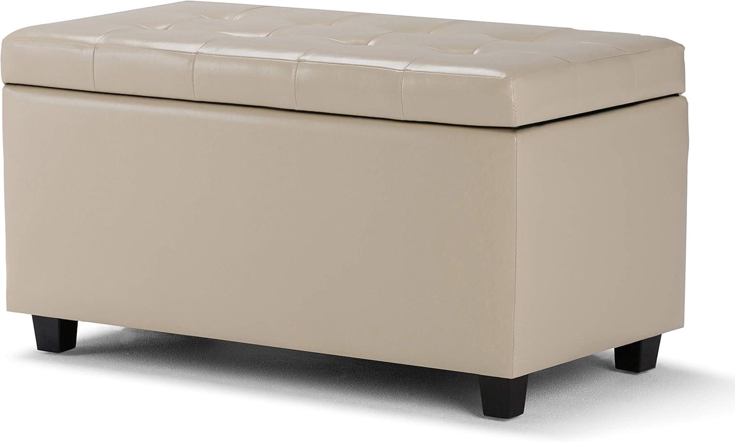 Simpli Home Cosmopolitan Storage Ottoman In Satin Cream Vegan Faux Leather