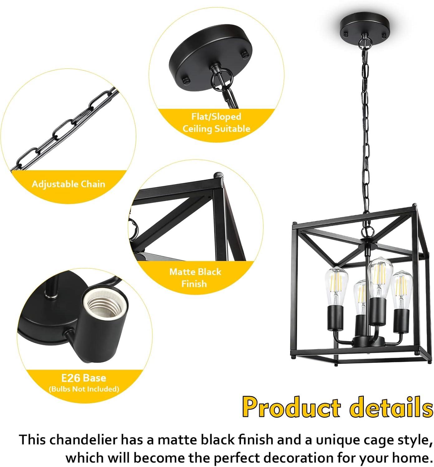 4 Light Chandelier, Industrial Ceiling Light Black Lantern Light Fixtures with Farmhouse Metal Cage Adjustable Height Rustic Geometric Hanging Light E12 Base for Kitchen Island, Entryway, Indoor