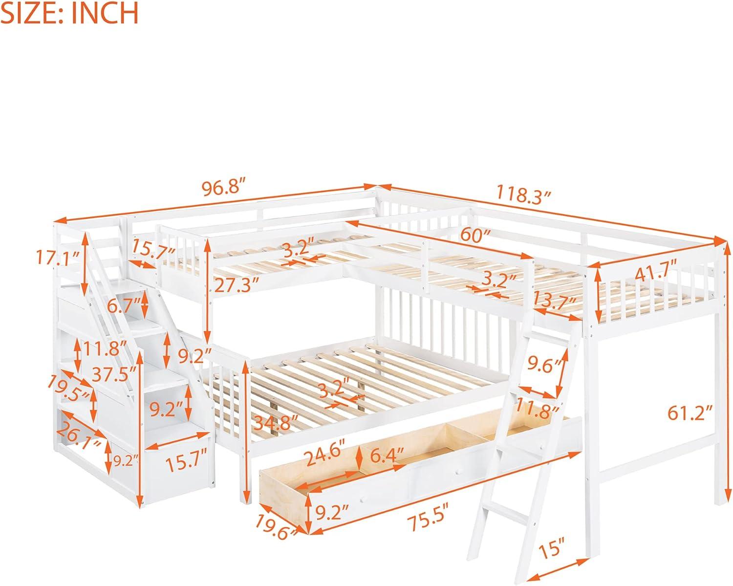 L Shaped Bunk Bed for 3, Triple Bunk Bed with 3 Drawers and Storage Stairs, Twin Over Full Bunk Bed & Twin Size Loft Bed, Wood Corner Beds for Kids, Teens, Adults. No Box Spring Needed(White)