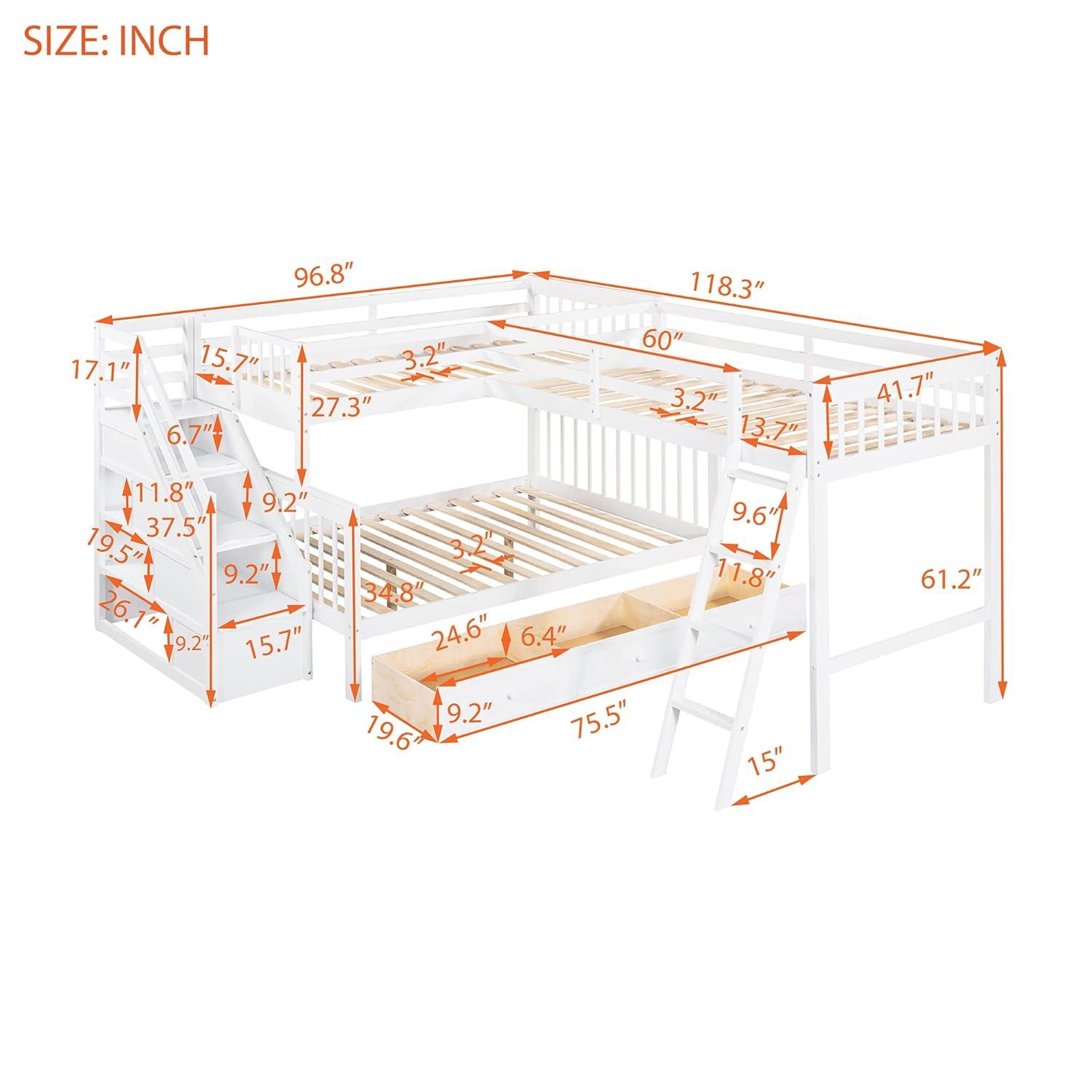 L Shaped Bunk Bed for 3, Triple Bunk Bed with 3 Drawers and Storage Stairs, Twin Over Full Bunk Bed & Twin Size Loft Bed, Wood Corner Beds for Kids, Teens, Adults. No Box Spring Needed(White)