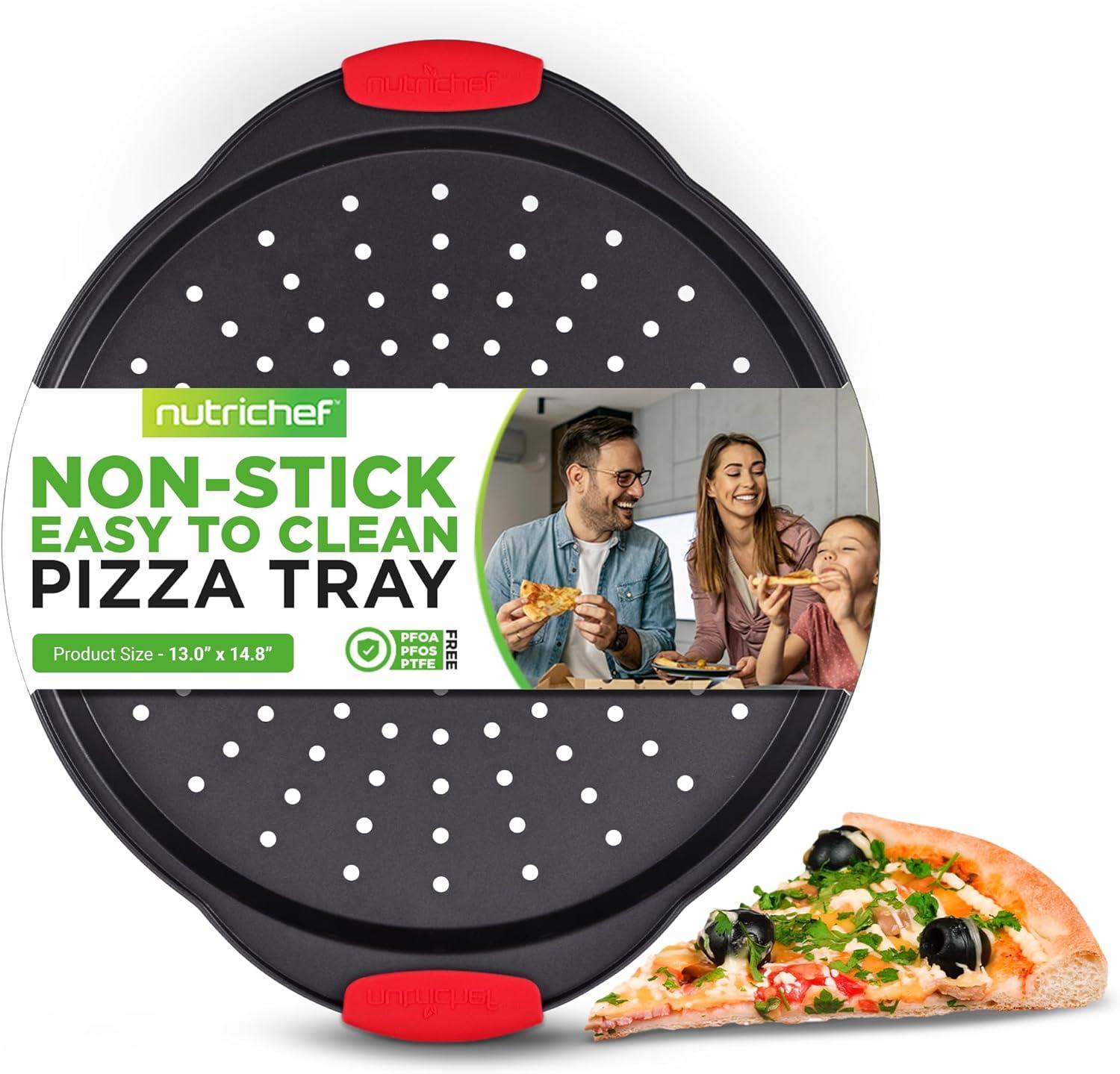 Round Black Non-Stick Pizza Tray with Red Silicone Handles