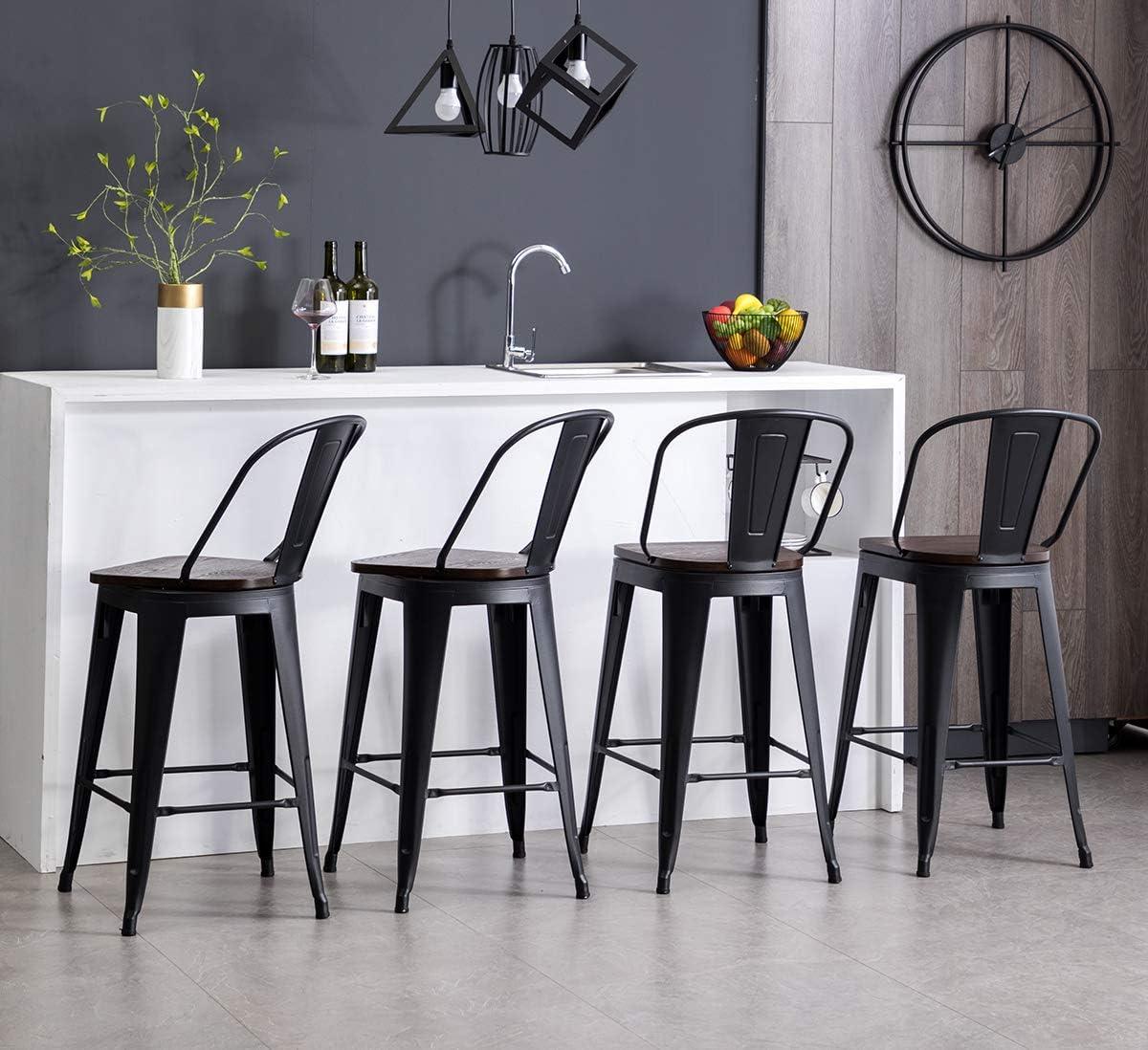 24" Black Metal and Wood Swivel Backless Bar Stools Set