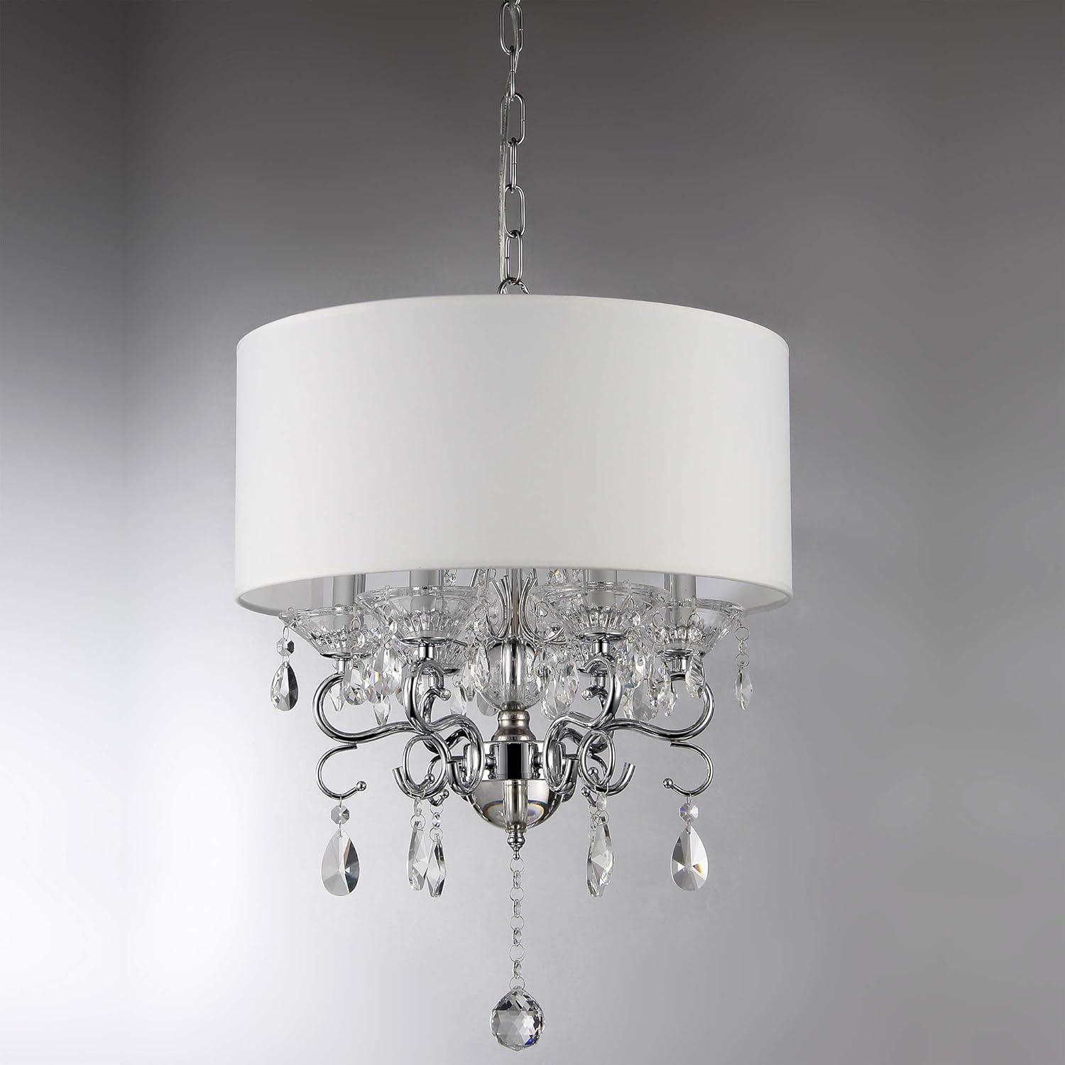 Elegant Chrome Drum Chandelier with Ivory Faux Silk Shade and Crystal Accents