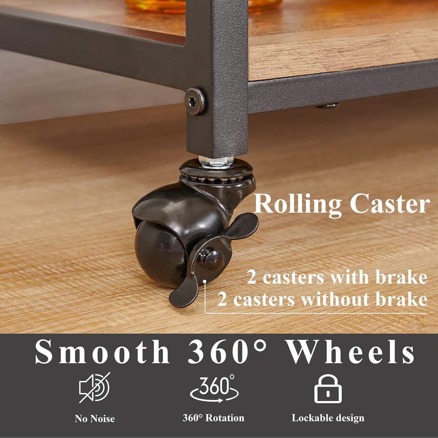 17 Stories Bar Cart For The Home, Rolling Wine Carts On Wheels With 3 Tier Wood Shelves, Liquor Beverage Cart With Wine Rack And Glass Holder