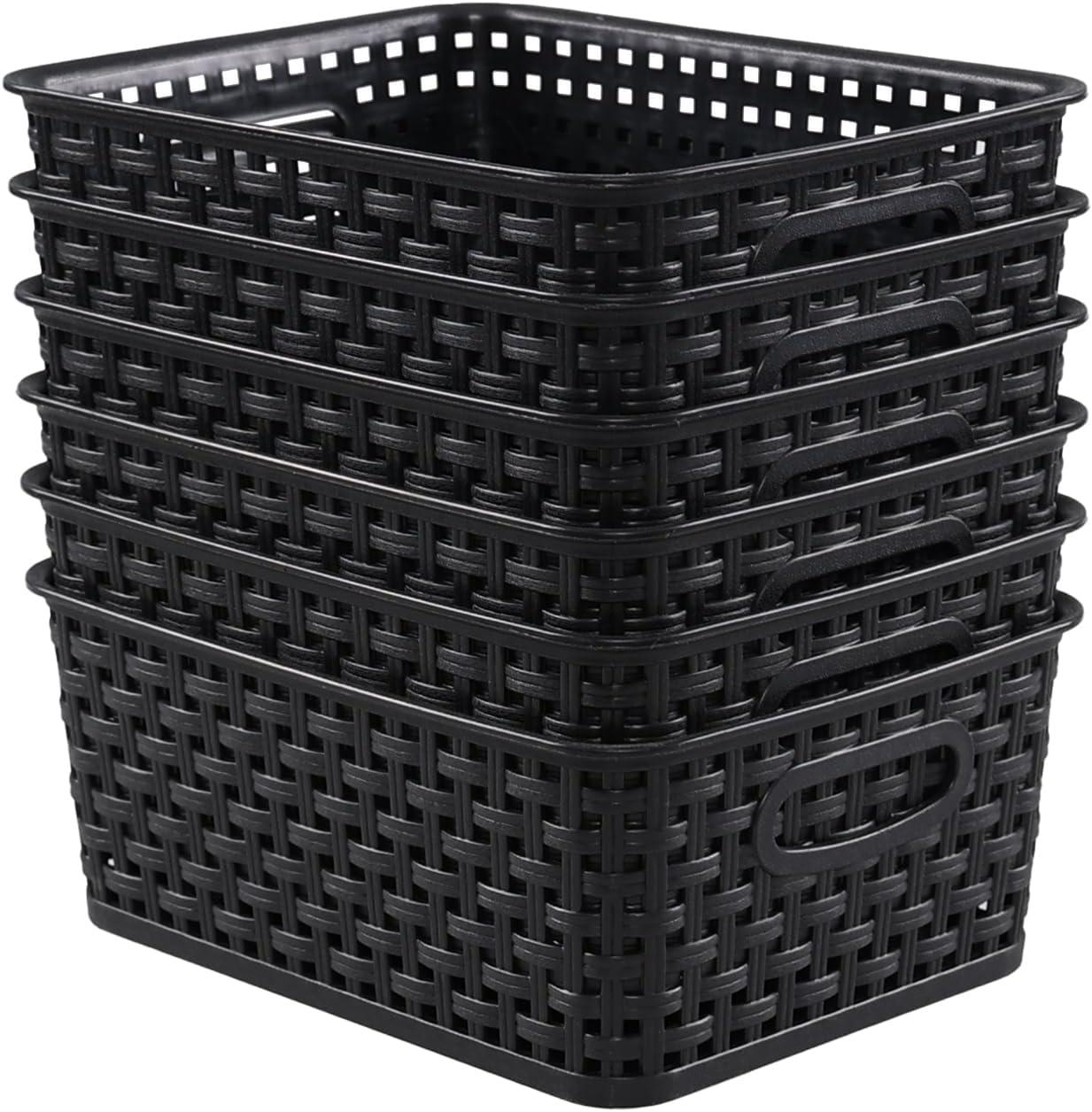 Black Rectangular Plastic Woven Storage Baskets, Set of 6