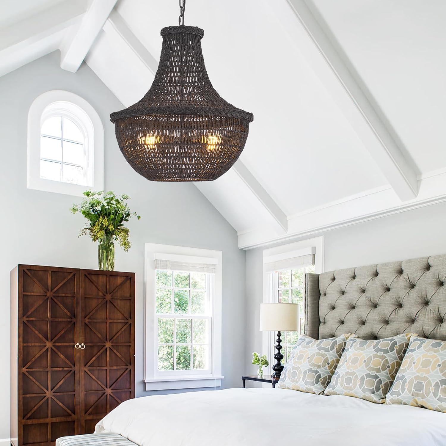 19.69" Boho Black Rattan Chandelier Vintage 4-Lights Farmhouse Hand-Woven Bamboo Basket Chandelier Light Fixture Rustic Wicker Rattan Chandeliers for Dining Room, Kitchen, Living Room