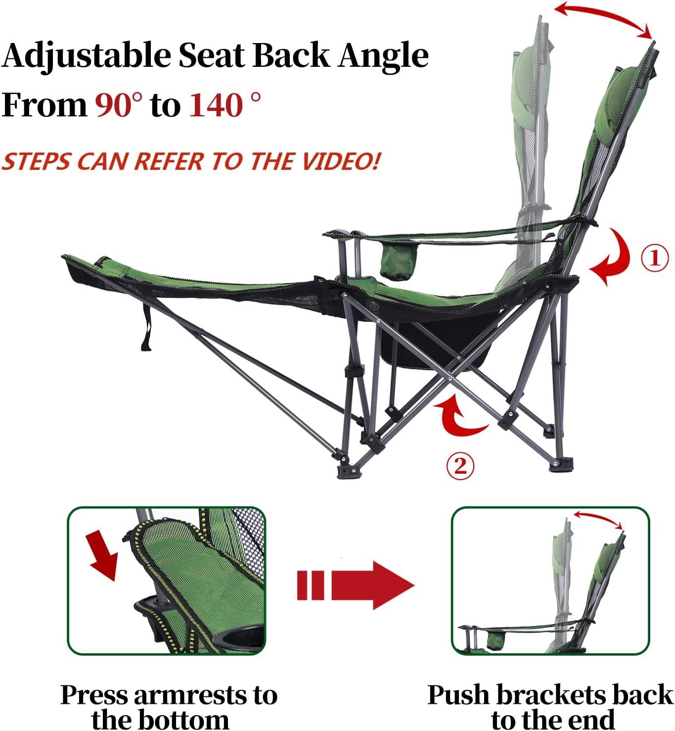 Green Alloy Steel Adjustable Reclining Camping Chair with Footrest