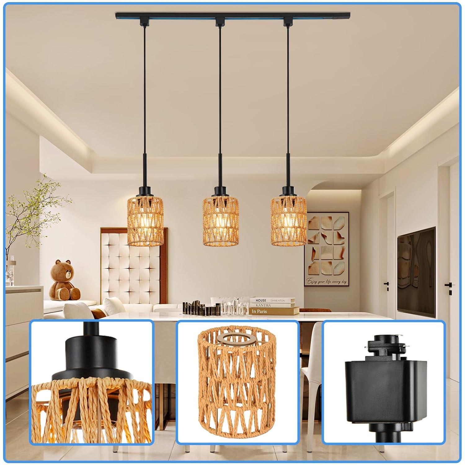 3-Pack H Type Track Lighting Pendants, Ceiling Track Hanging Light Fixture with Hand-Woven Rattan Shade, H-Type Tracking Boho Pendant Lighting Fixtures for Kitchen Island Dining Room, E26 Base