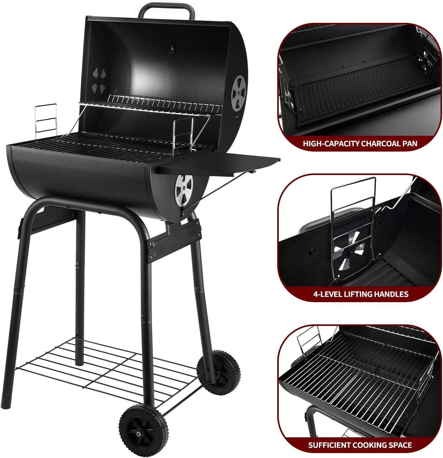 Charcoal Grills Outdoor BBQ Grill, Barrel Charcoal Grill with Side Table, with Nearly 500 Sq.In. Cooking Grid Area, Outdoor Backyard Camping Picnics, Patio and Parties, Black