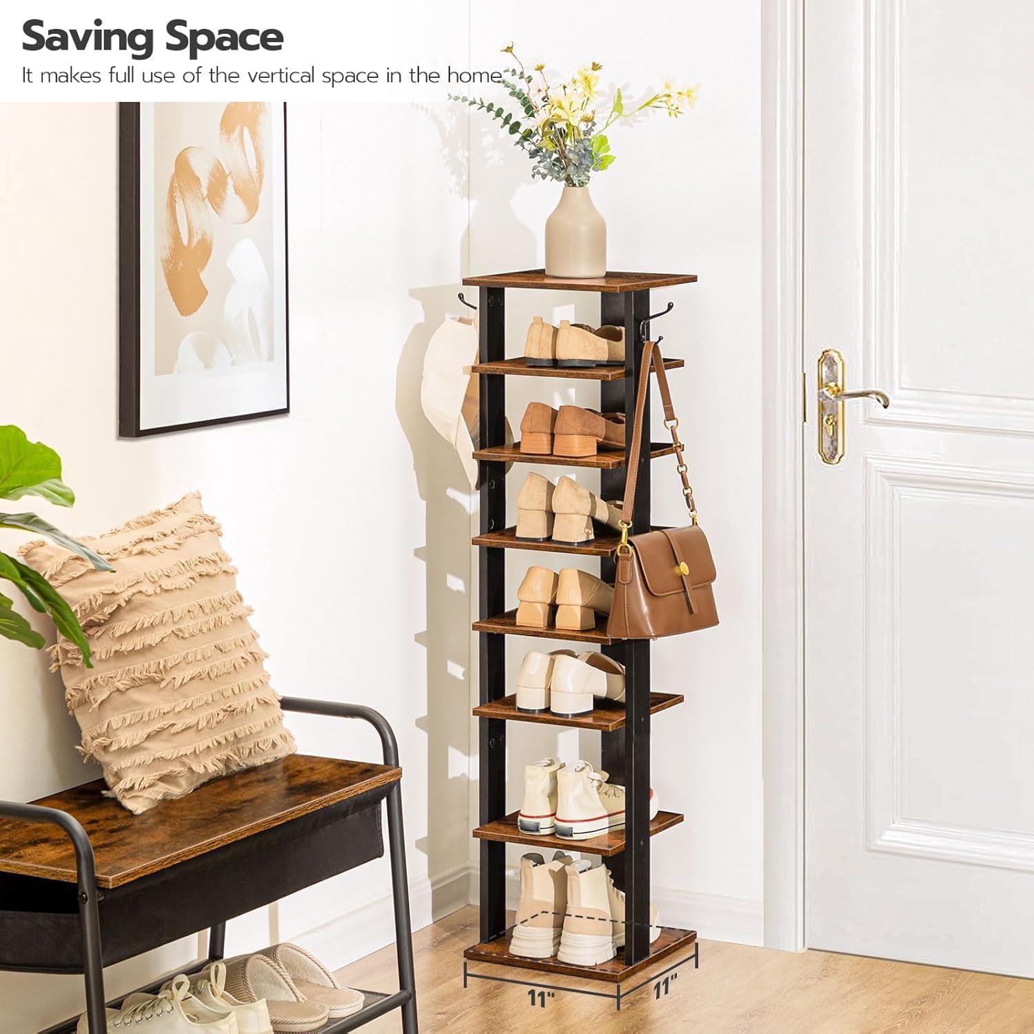 8 Tiers Vertical Shoe Rack, Wooden Shoe Storage Organizer with Hooks, Narrow Shoe Tower for 8 Pairs, Space Saving, for Entryway, Living Room, Bedroom, Rustic Brown BF07XJ01G1